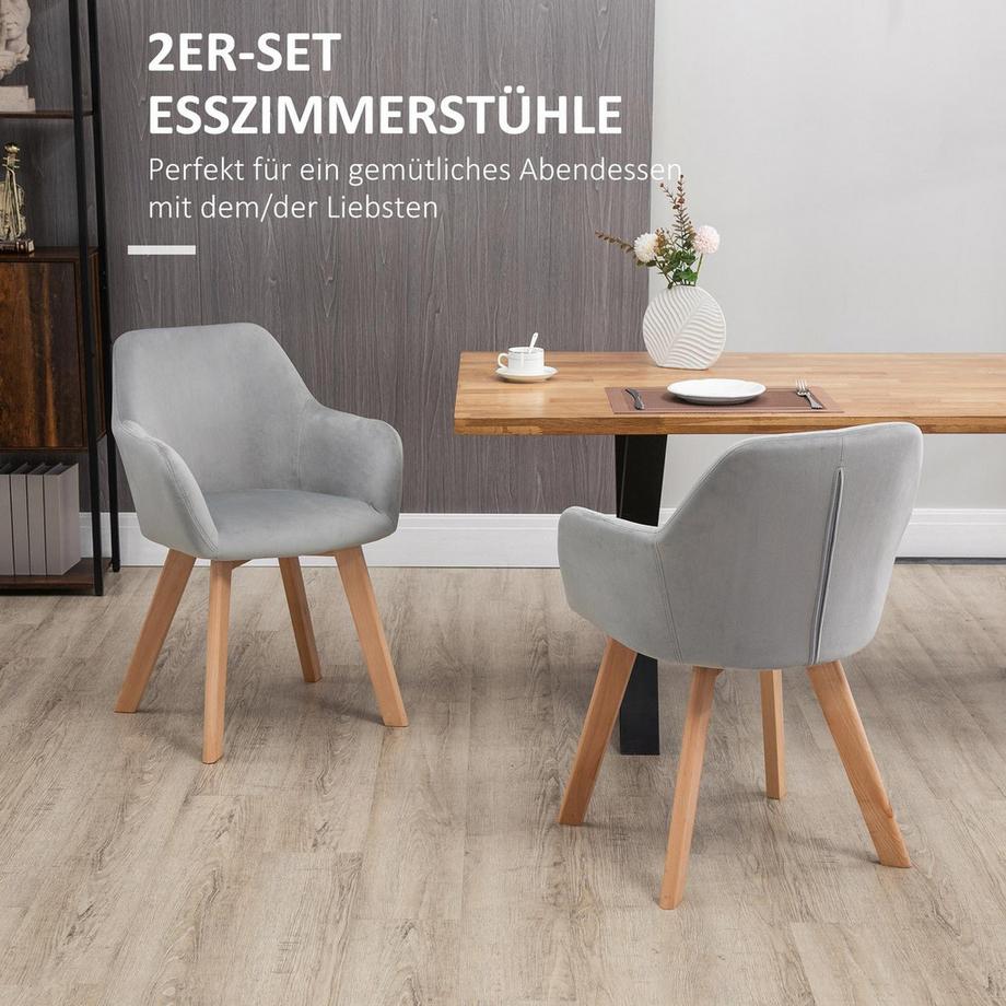 Northio Esszimmerstühle 2er Set Küchenstühle mit Arm- & Rückenlehne, Samtoptik Polsterung, Holzbeine, Grau  