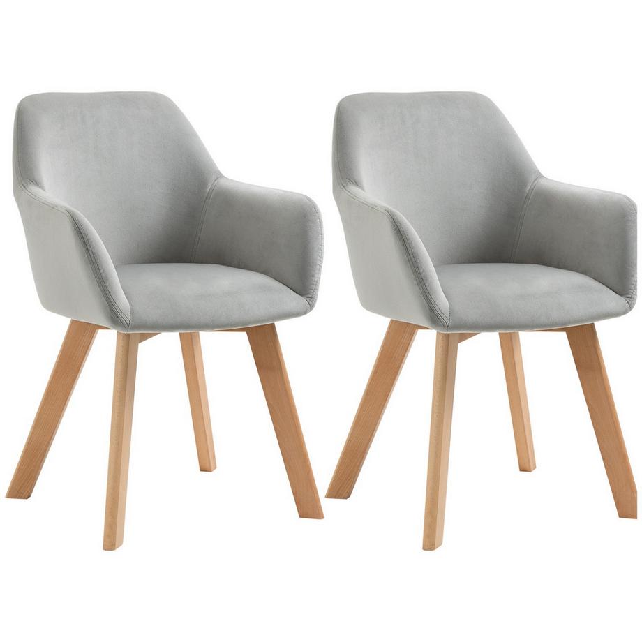 Esszimmerstühle 2er Set Küchenstühle mit Arm- & Rückenlehne, Samtoptik Polsterung, Holzbeine, Grau