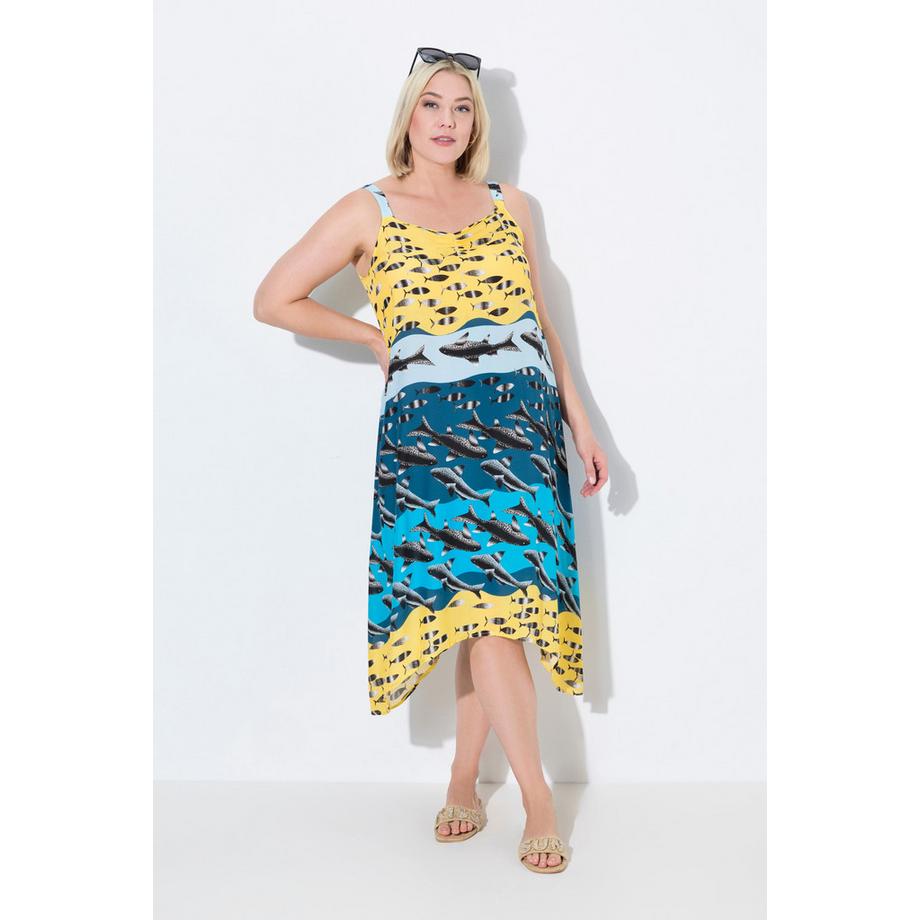 Ulla Popken Robe de plage sans manches Imprimé poissons Décolleté V Coupe évasée  