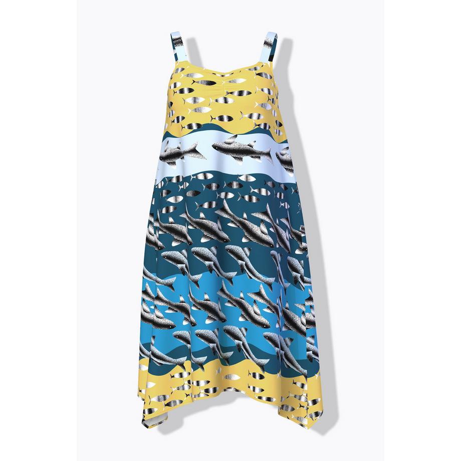 Ulla Popken Robe de plage sans manches Imprimé poissons Décolleté V Coupe évasée  