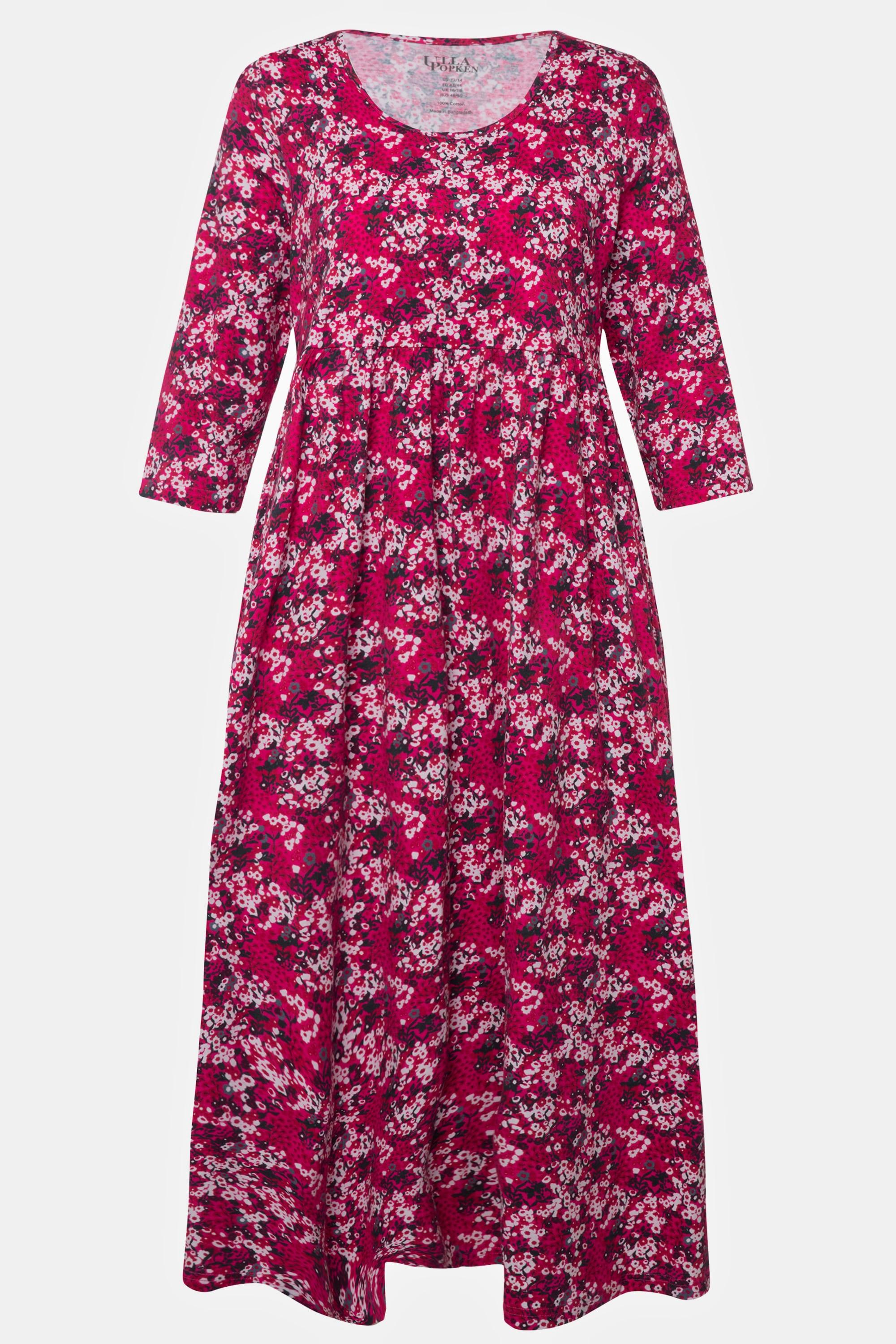 Ulla Popken  Robe en jersey, motif à fleurs. Décolleté rond et manches 3/4. Silhouette en A. 