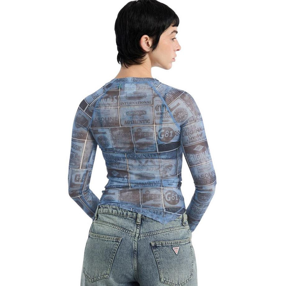 GUESS Maglietta in Maglia a Rete con Maniche Raglan  