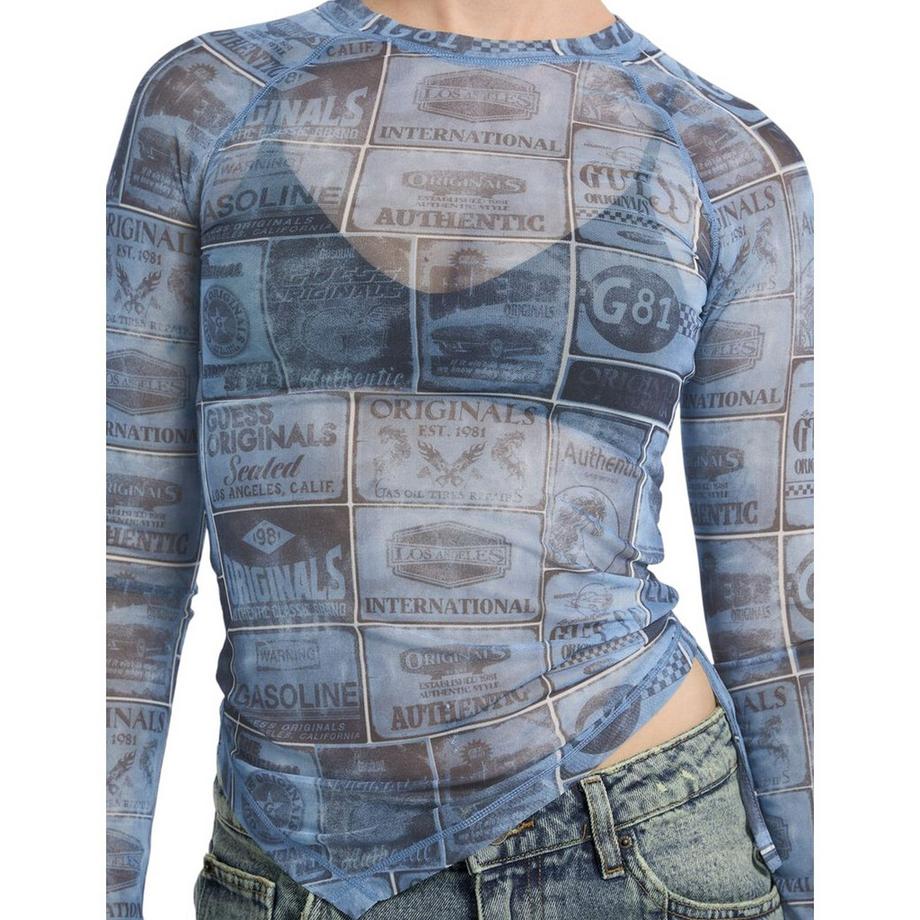 GUESS Maglietta in Maglia a Rete con Maniche Raglan  