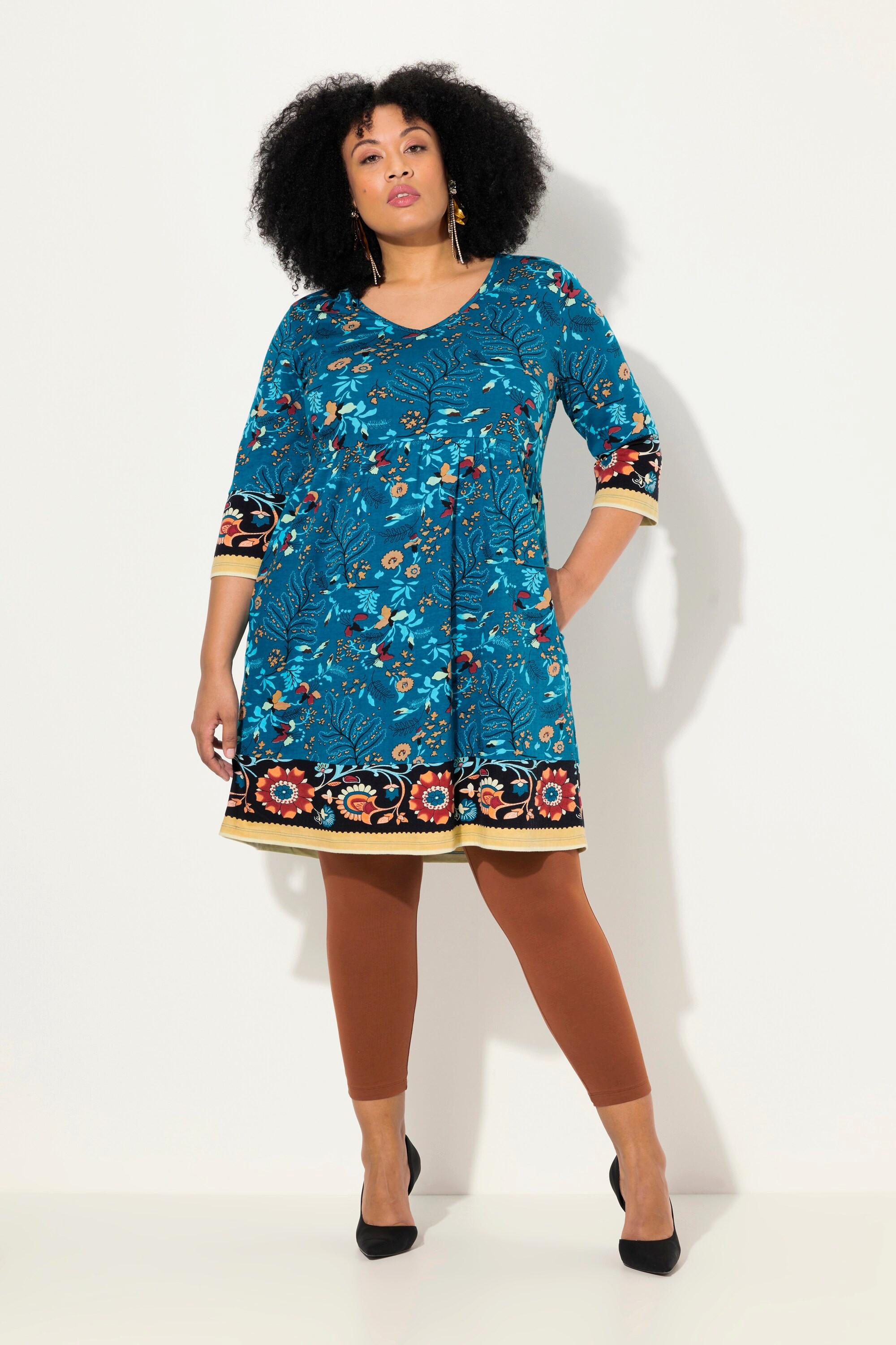 Ulla Popken  Jerseykleid, Blüten, A-Linie, V-Ausschnitt, 3/4-Arm 