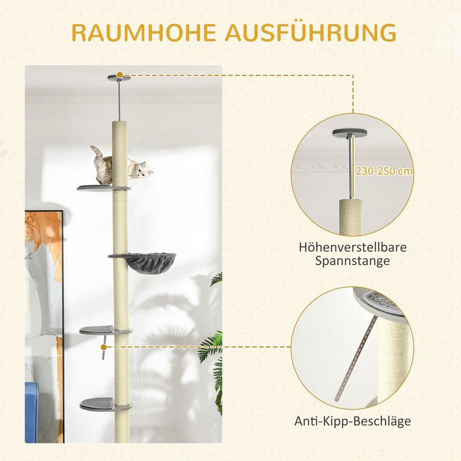 Northio  Griffoir Pour Chat Hauteur Plafond 230-250 Cm, Avec Hamac, Réglable En Hauteur, Gris + Blanc Crème 