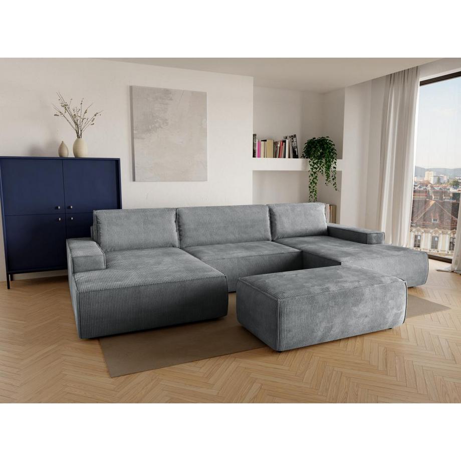 Vente-unique Große Wohnlandschaft mit Schlaffunktion - Cord - Hellgrau - AMELIA  