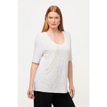 T-shirt con ricami con perline, scollo a girocollo e mezze maniche