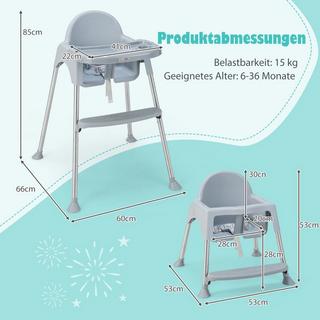 B2X  4 in 1 Babyhochstuhl aus PP & Edelstahl Hochstuhl Umwandelbar mit Abnehmbarem Doppeltablett Grau 