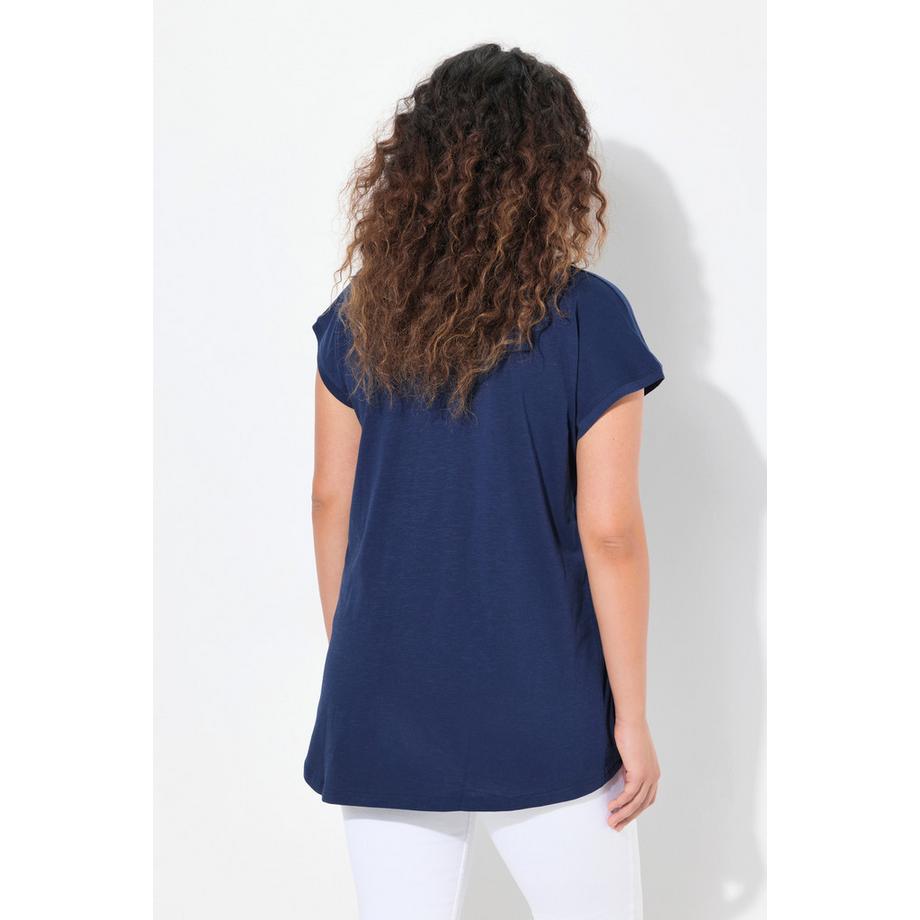 Ulla Popken T-Shirt Coupe Évasée Motif Bateau Col V Manches Courtes  