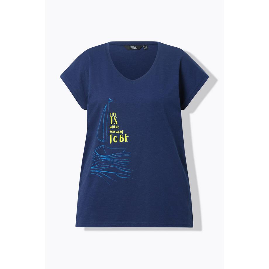 Ulla Popken T-Shirt Coupe Évasée Motif Bateau Col V Manches Courtes  