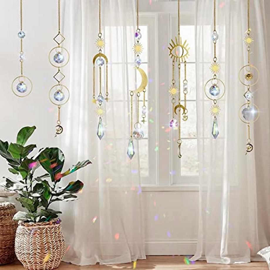 Alopini 7 Stück Sonnenfänger Kristall, Sonnenfänger Garten Mond Stern Regenbogen hängend Kristall  