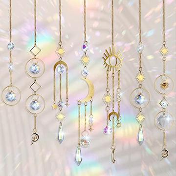 7 Stück Sonnenfänger Kristall, Sonnenfänger Garten Mond Stern Regenbogen hängend Kristall