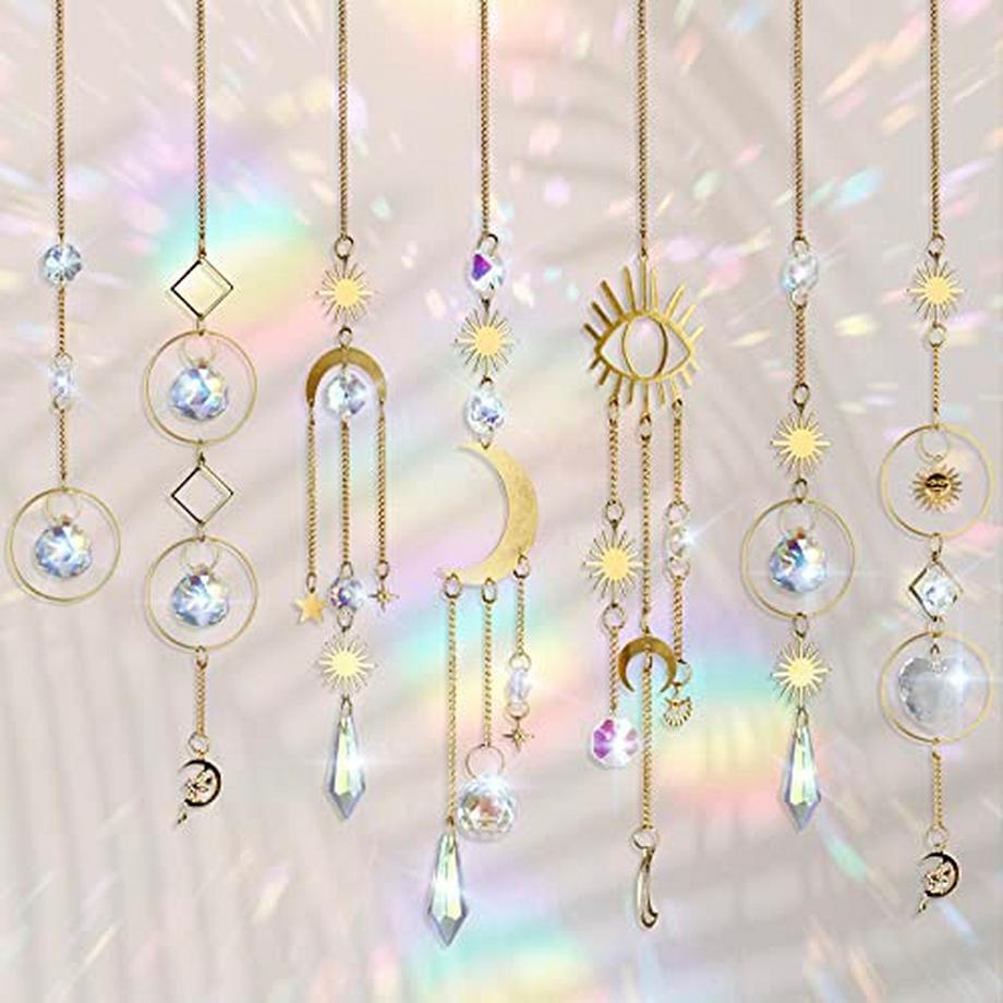 7 Stück Sonnenfänger Kristall, Sonnenfänger Garten Mond Stern Regenbogen hängend Kristall