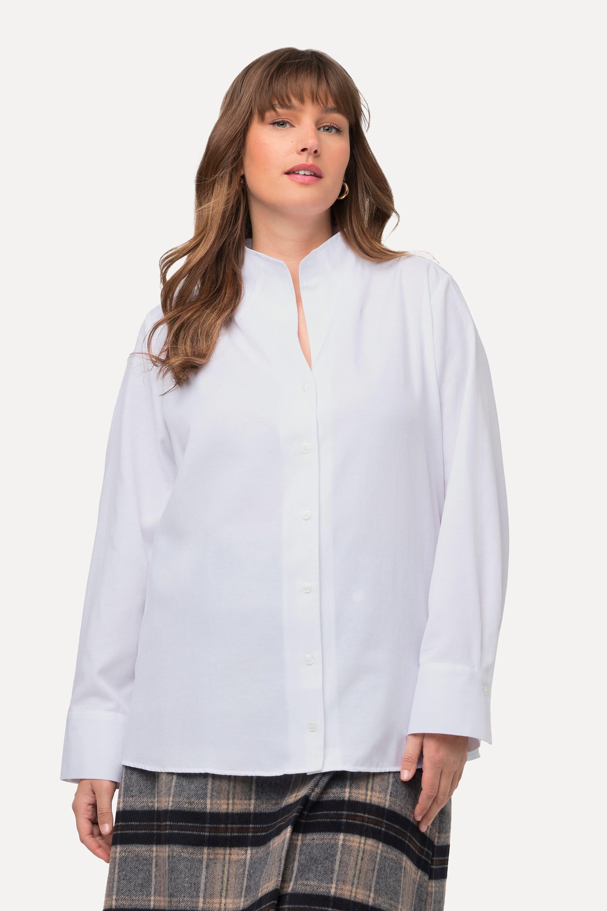 Ulla Popken  Blusa in tessuto Oxford con scollo montante e maniche lunghe 