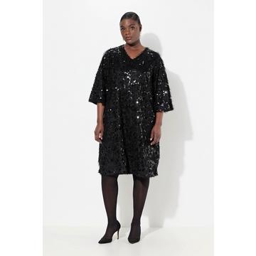 Robe de soirée avec franges et paillettes, manches courtes et décolleté en V