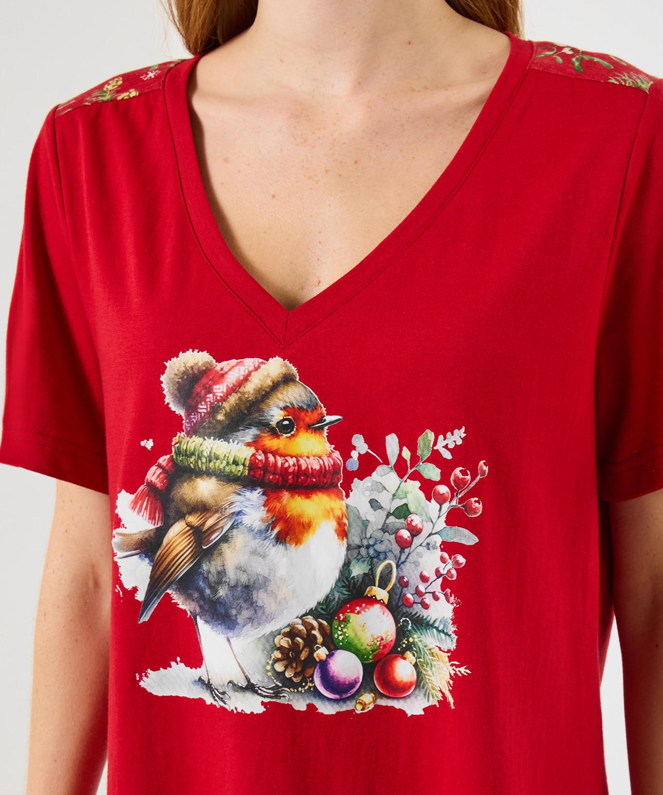 Joe Browns Camicia da Notte Festiva in Jersey con Stampa Pettirosso  