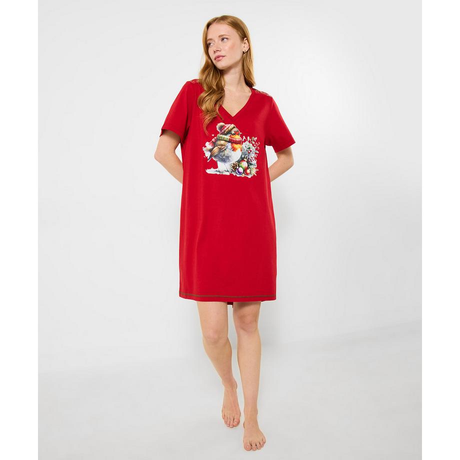 Festliches Jersey-Nachthemd mit Rotkehlchen-Print