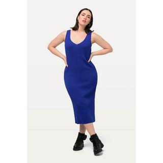 Ulla Popken Robe en maille côtelée sans manches Encolure en V Longueur midi Coupe Slim Fit  