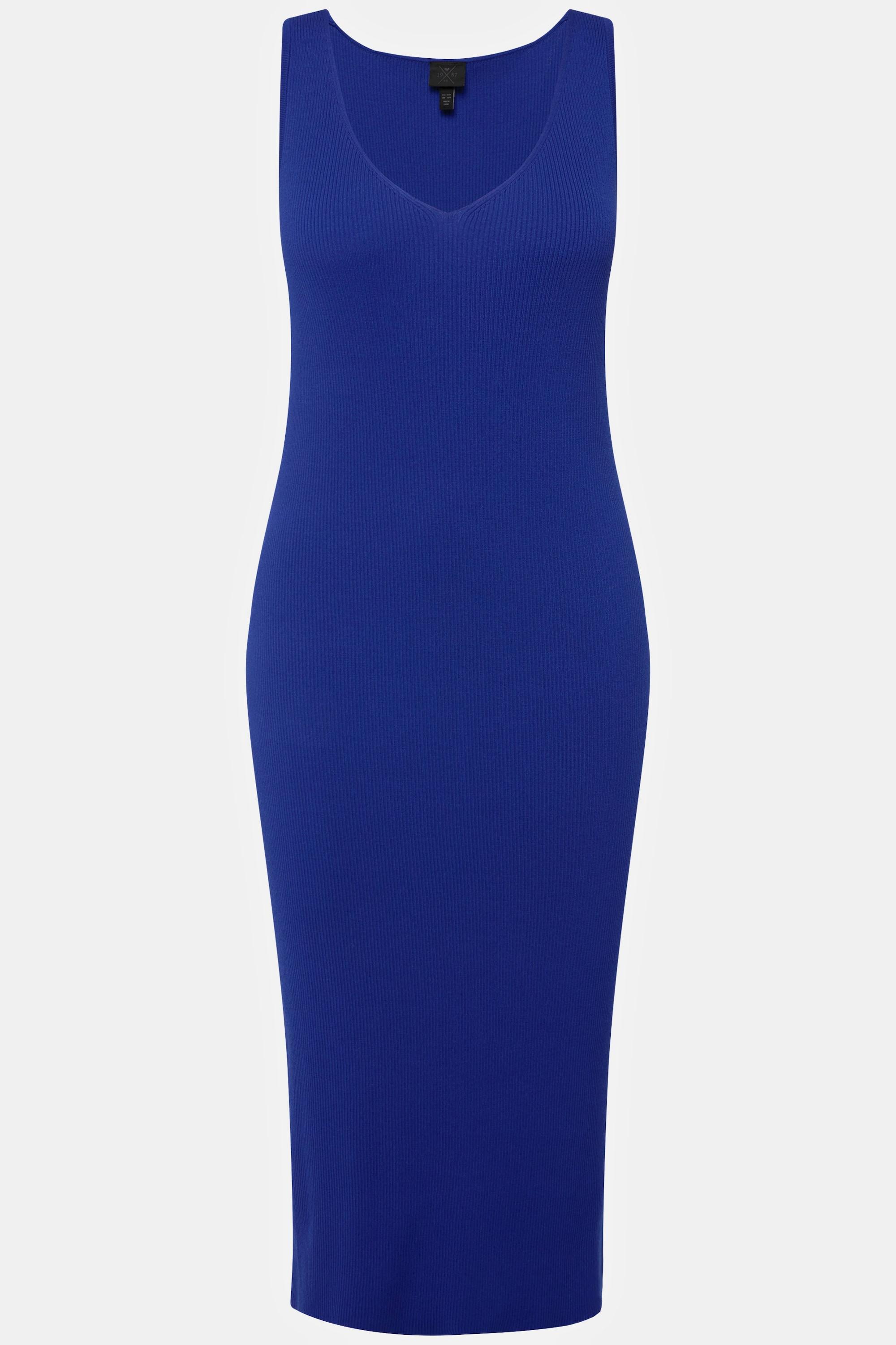 Ulla Popken Robe en maille côtelée sans manches Encolure en V Longueur midi Coupe Slim Fit  