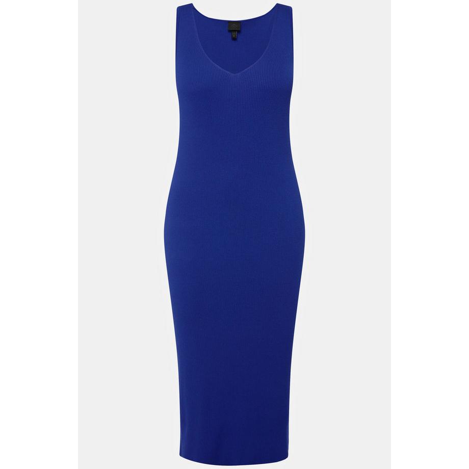 Ulla Popken Robe en maille côtelée sans manches Encolure en V Longueur midi Coupe Slim Fit  