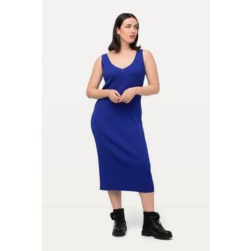 Strickkleid, Rippstrick, Slim, Midilänge, V-Ausschnitt, ärmellos