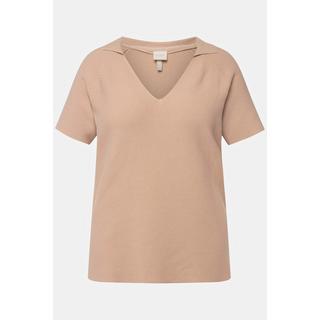 Ulla Popken  Maglione polo in cotone biologico con scollo a V e mezze maniche 