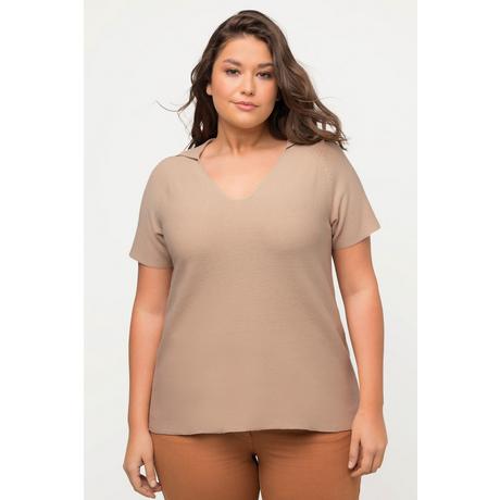 Ulla Popken  Maglione polo in cotone biologico con scollo a V e mezze maniche 