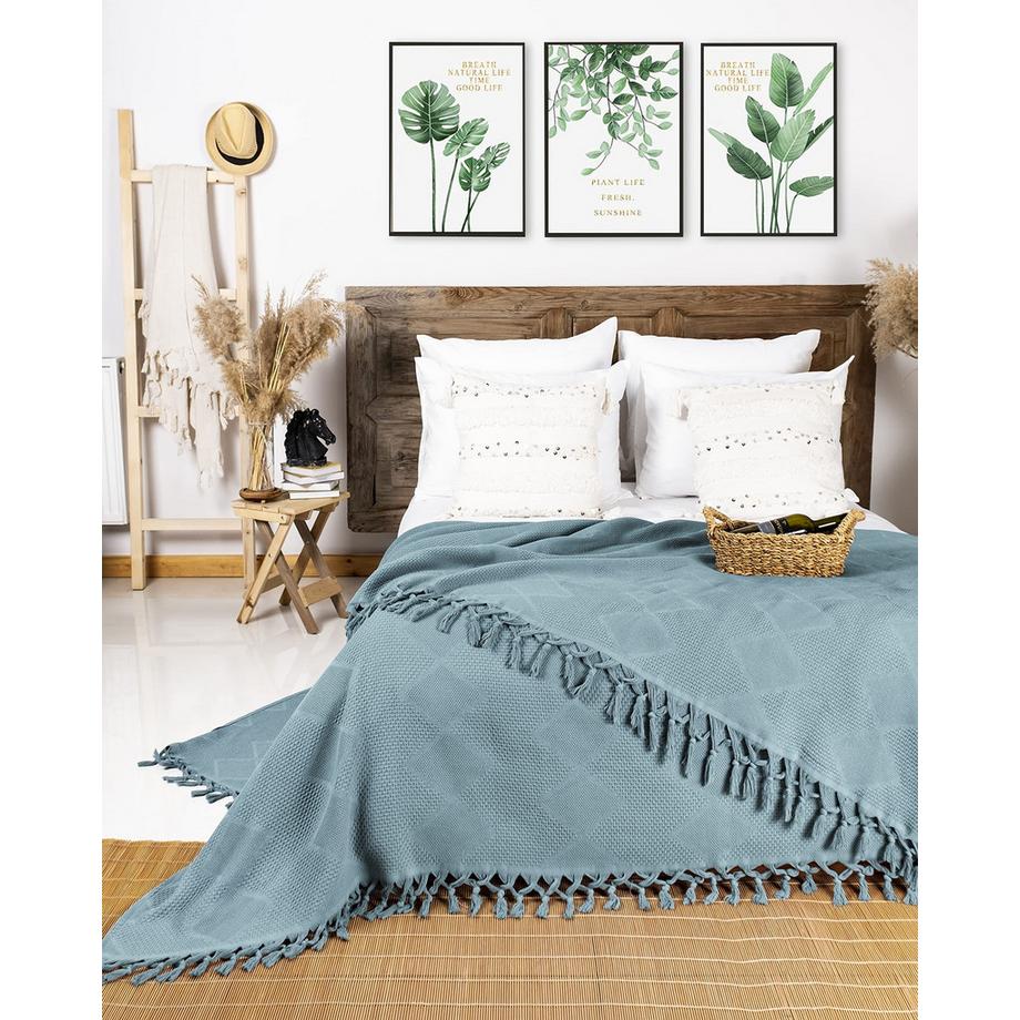 Alopini Plaid in cotone piqué a nido d'ape Frange annodate a mano  