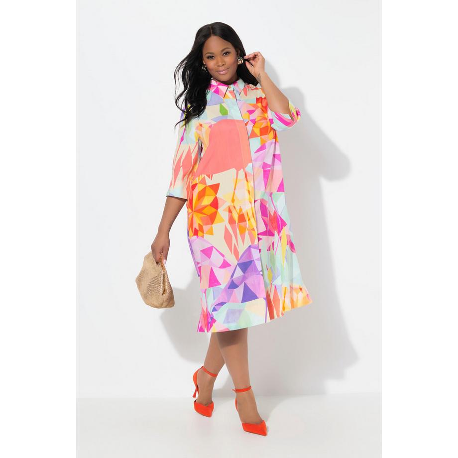 Ulla Popken Midi Lyocellkleid Flamingos Hemdkragen 3/4-Arm  