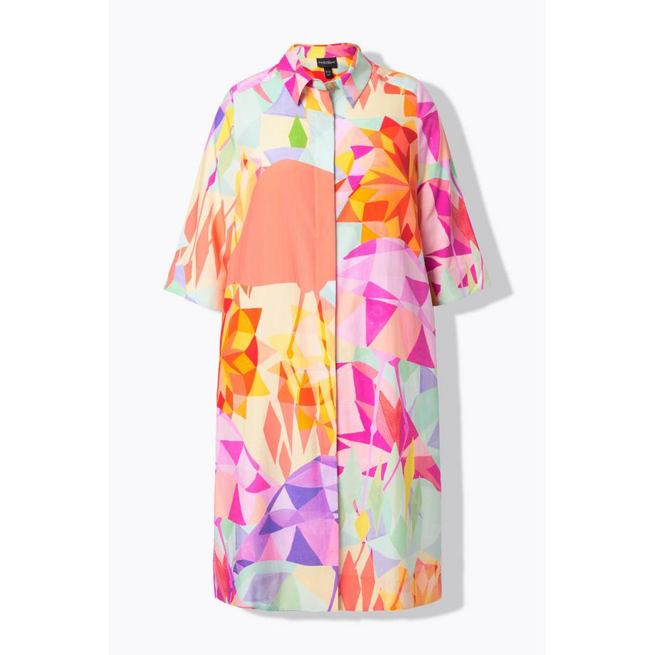 Ulla Popken Midi Lyocellkleid Flamingos Hemdkragen 3/4-Arm  