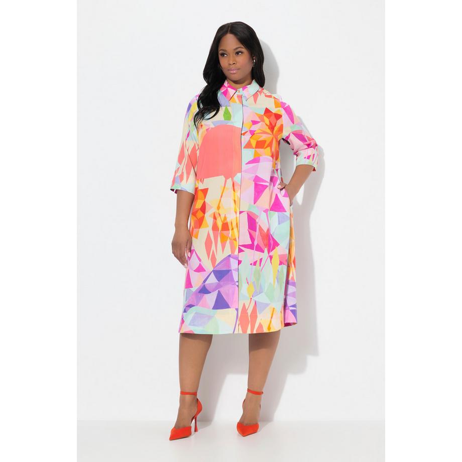Ulla Popken Midi Lyocellkleid Flamingos Hemdkragen 3/4-Arm  