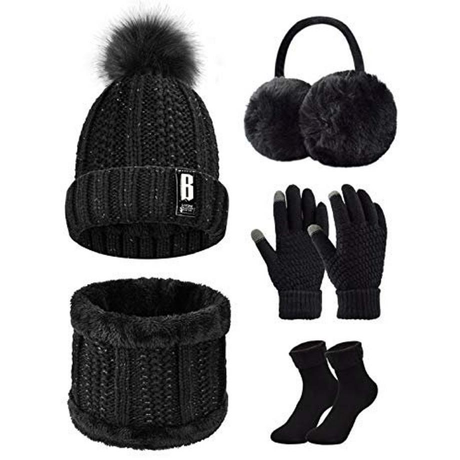 Only-bags.store Ensemble Tricoté 5-en-1 Bonnet Écharpe Gants  