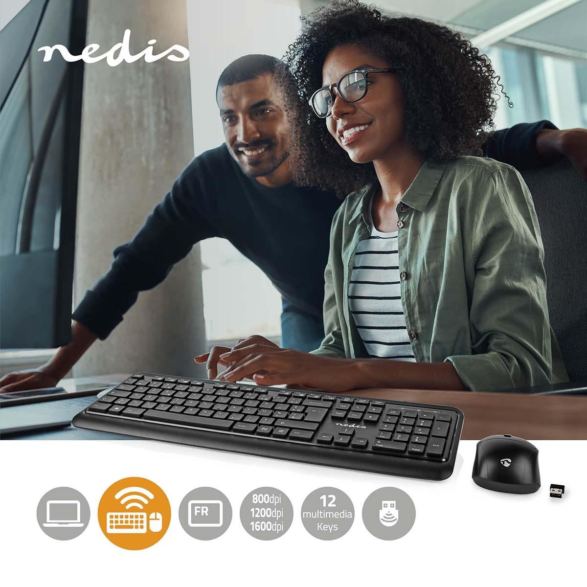 Nedis  Maus und Tastatur | Kabellos | Maus- und Tastaturanschluss: USB | 800 / 1200 / 1600 dpi | Einstellbare DPI | AZERTY | FR Layout 