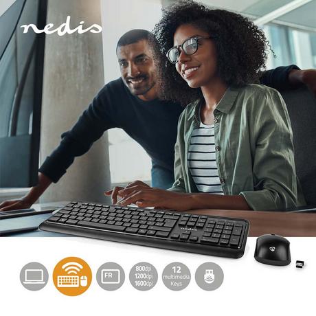 Nedis  Maus und Tastatur | Kabellos | Maus- und Tastaturanschluss: USB | 800 / 1200 / 1600 dpi | Einstellbare DPI | AZERTY | FR Layout 