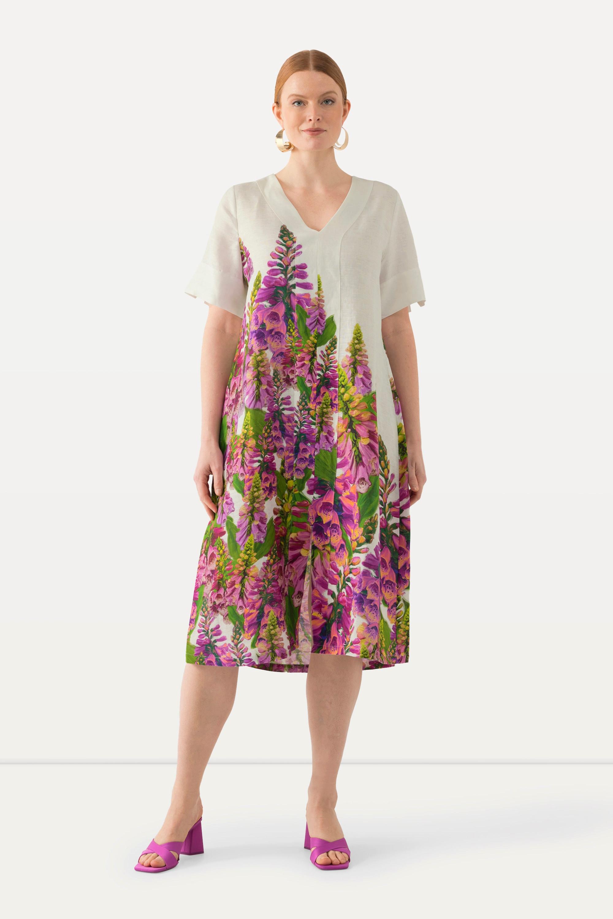 Ulla Popken  Robe midi en lin, imprimé à fleurs. Décolleté en V. Manches courtes. 