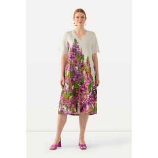 Ulla Popken  Robe midi en lin, imprimé à fleurs. Décolleté en V. Manches courtes. 