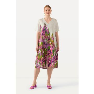 Leinen-Midikleid, Blüten, V-Ausschnitt, Halbarm