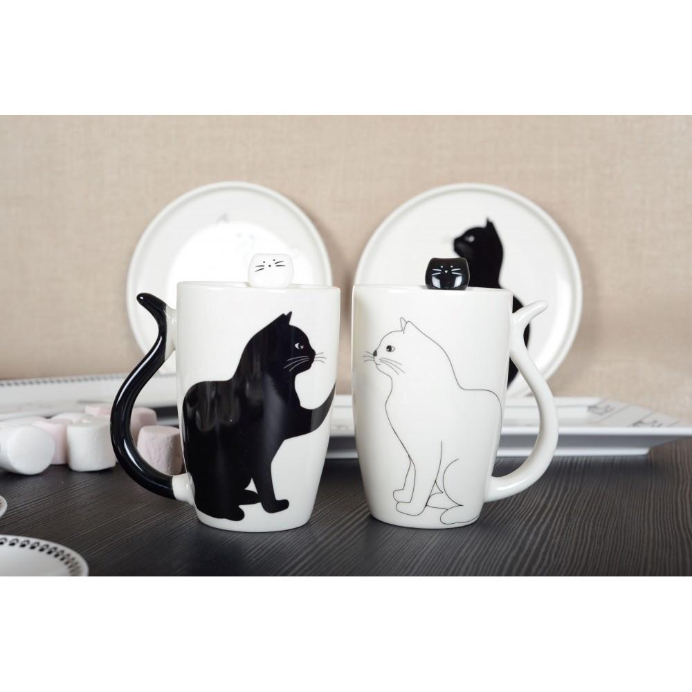 Aulica TASSES CHAT NOIR ET BLANC AVEC ANSE EN FORME DE QUEUE - LOT DE 2  