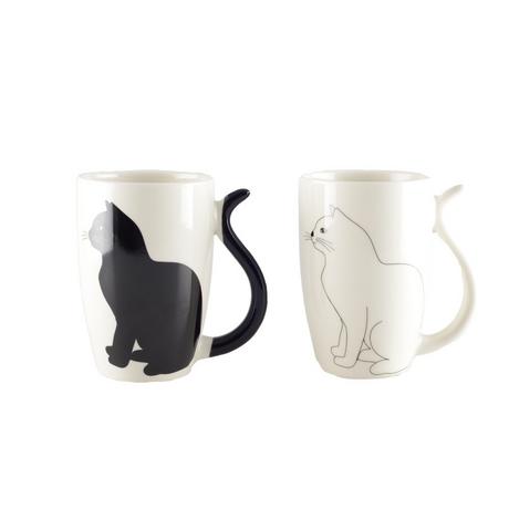 Aulica TASSES CHAT NOIR ET BLANC AVEC ANSE EN FORME DE QUEUE - LOT DE 2  