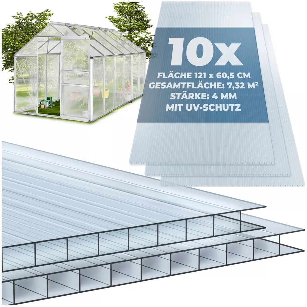 tectake® 10er Set Doppelstegplatten, 7,32 m² Gesamtfläche, individuell zuschneidbar, wärmedämmend, temperaturresistent, 121 x 60,5 x 0,4 cm je Platte