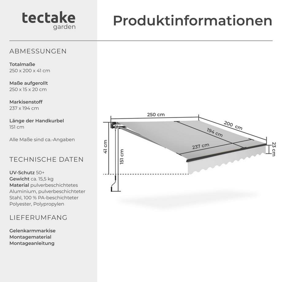 Tectake Gelenkarmmarkise Ornella verschiedene Größen UV-beständig und wasserabweisend  