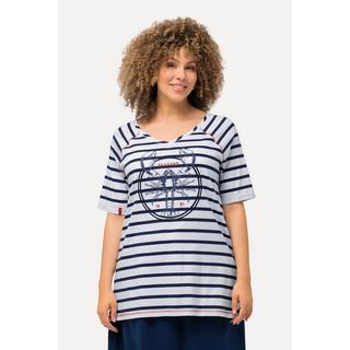 Ulla Popken  T-shirt dal taglio svasato con righe, aragosta, scollo a V e mezze maniche 