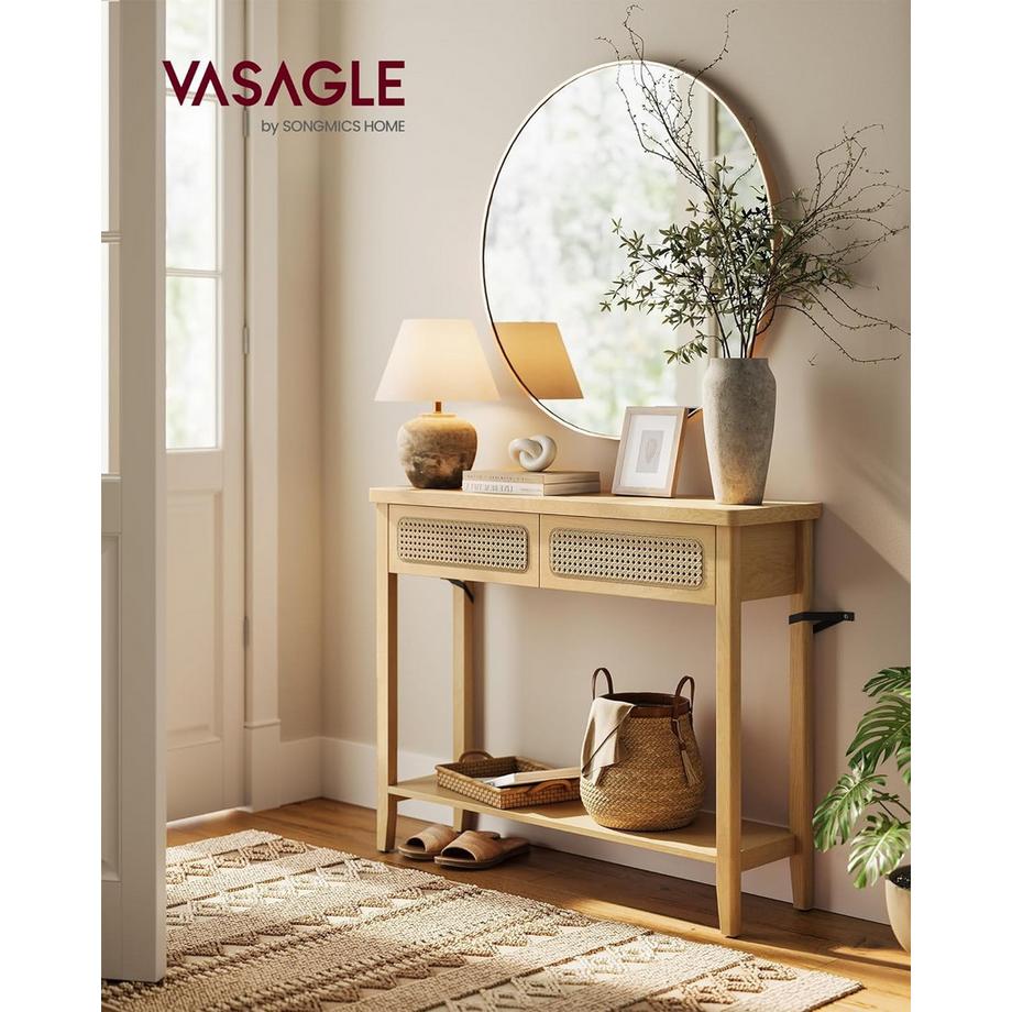 Pricenet  Boho-Konsolentisch mit Rattan-Schubladen und offenem Regal 