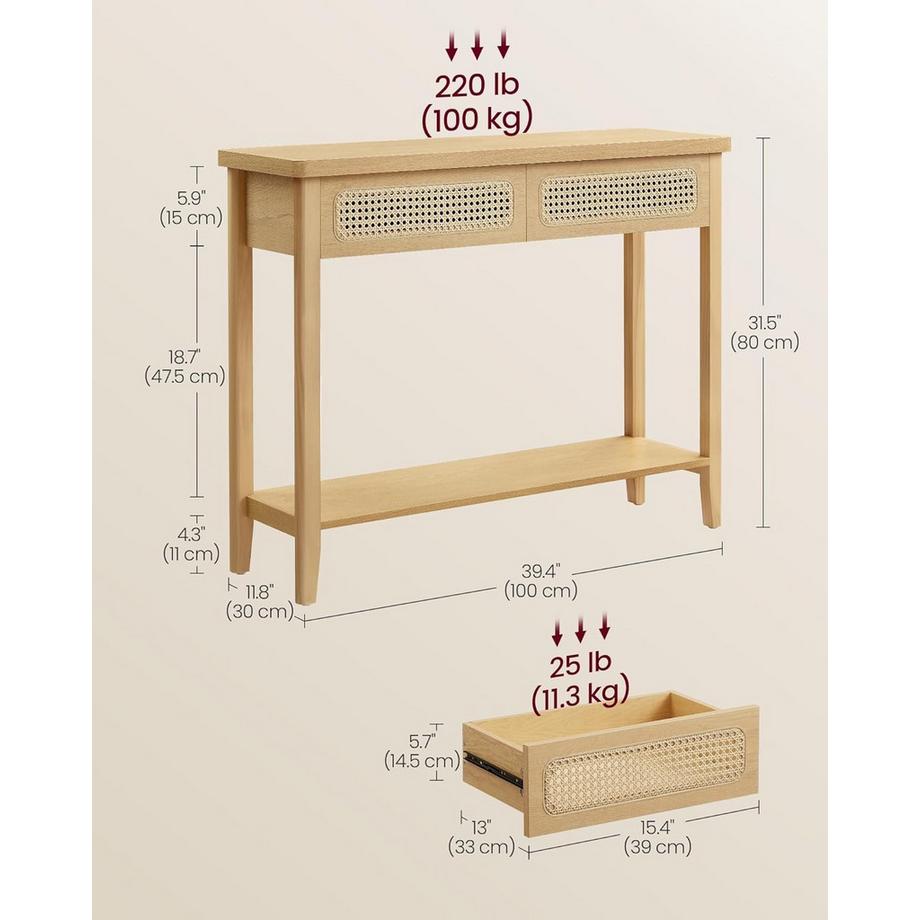 Pricenet  Boho-Konsolentisch mit Rattan-Schubladen und offenem Regal 