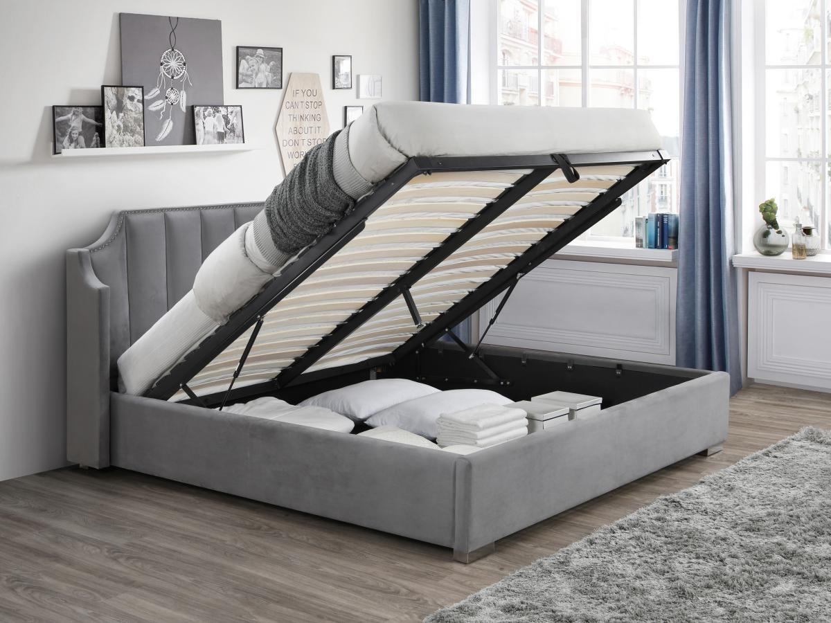 Vente-unique Letto con contenitore 140 x 190 cm con testata letto curva Velluto Grigio  - TEOMIS  