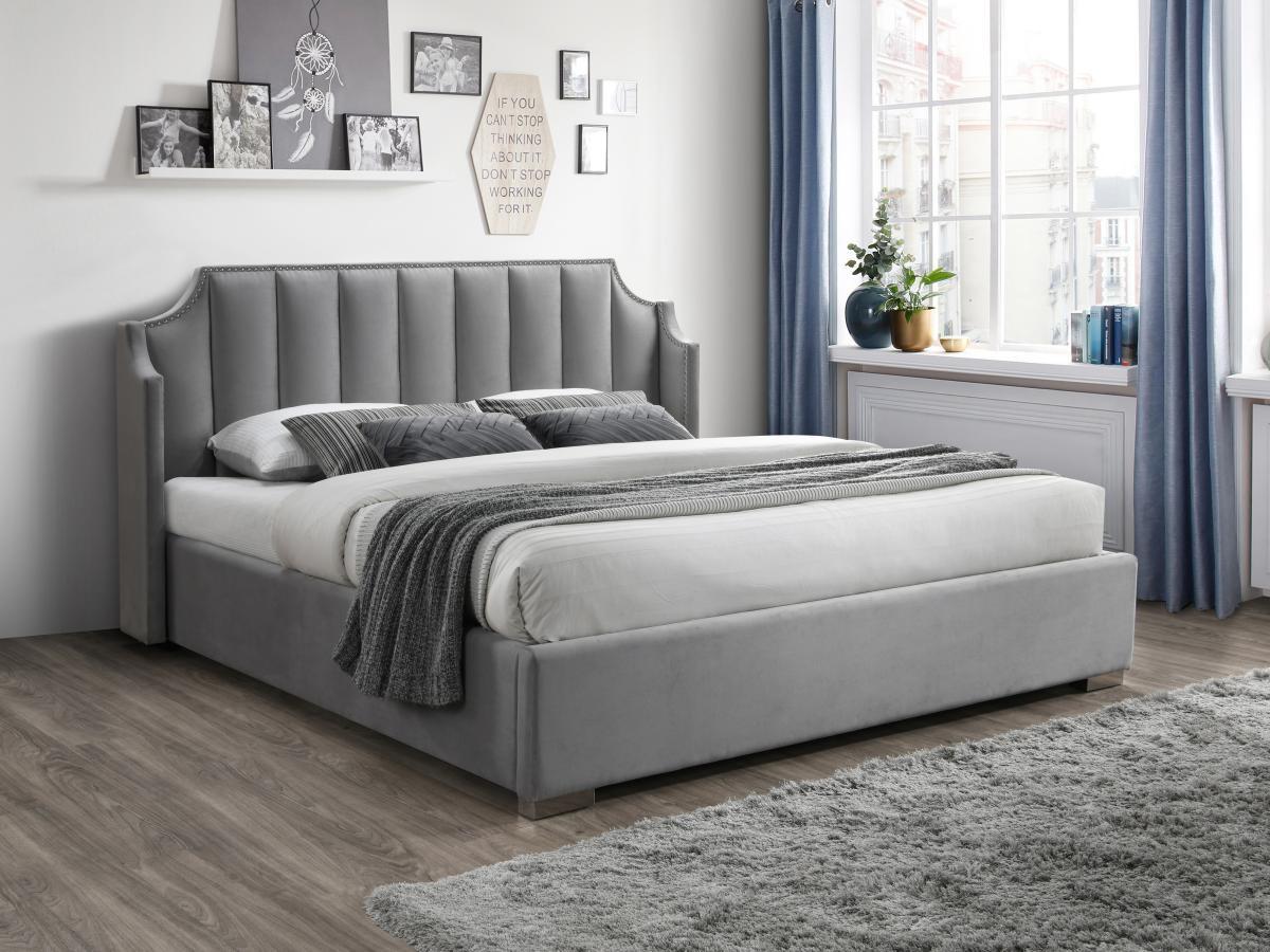 Vente-unique Letto con contenitore 140 x 190 cm con testata letto curva Velluto Grigio  - TEOMIS  