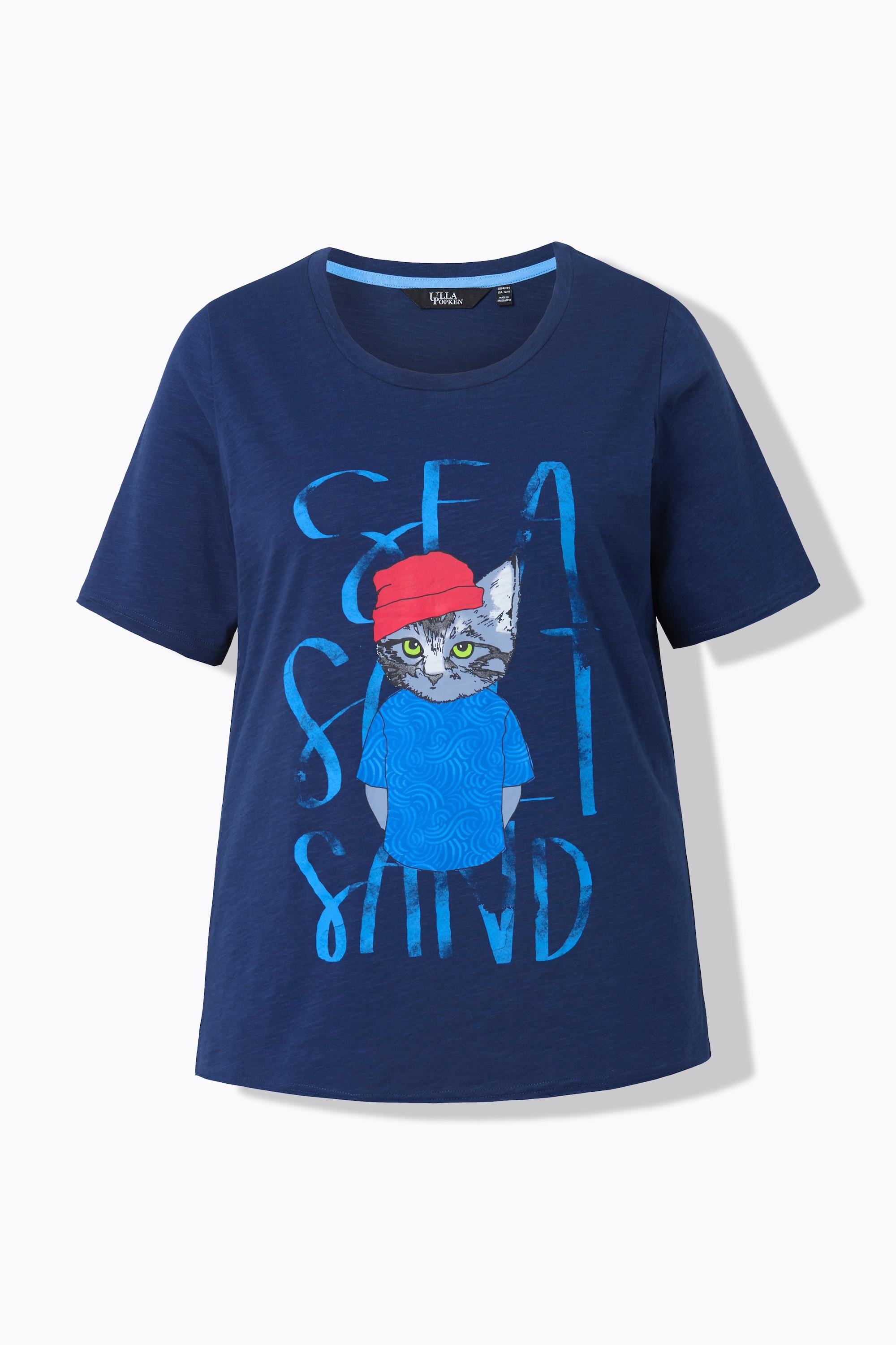 Ulla Popken  T-shirt dal taglio svasato con gatto, scollo a girocollo e mezze maniche 