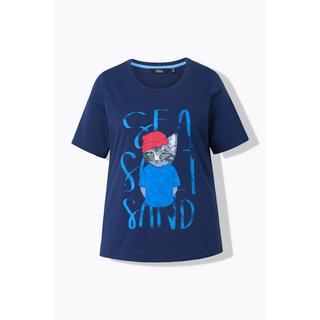 Ulla Popken  T-shirt dal taglio svasato con gatto, scollo a girocollo e mezze maniche 