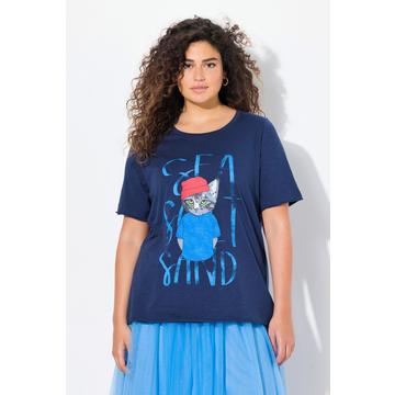 T-shirt dal taglio svasato con gatto, scollo a girocollo e mezze maniche