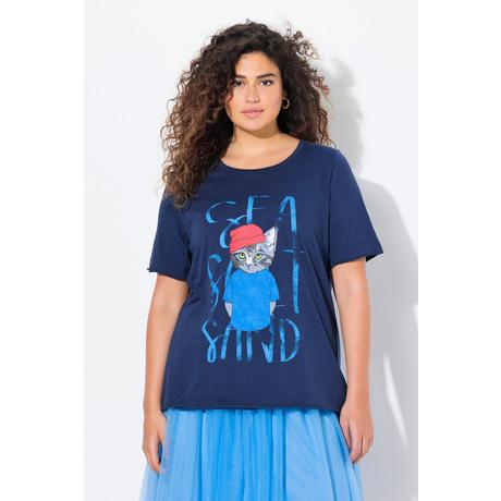 Ulla Popken  T-shirt dal taglio svasato con gatto, scollo a girocollo e mezze maniche 